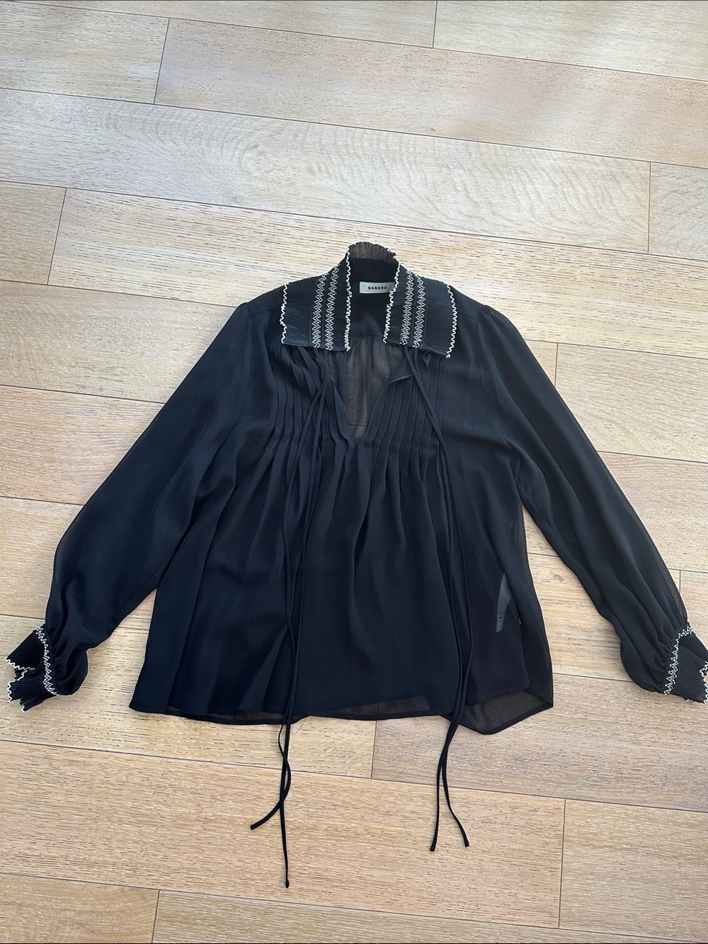 Sandro Black Long-Sleeve Tie-Neck Blouse with White Trim - Size 1 or Small